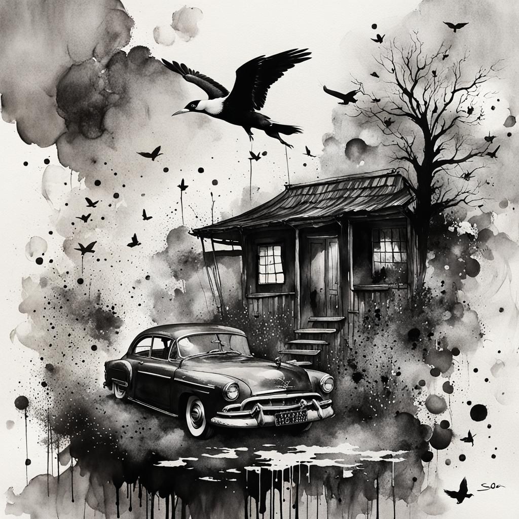 Black and White Diary Illustration with Watercolor Elements