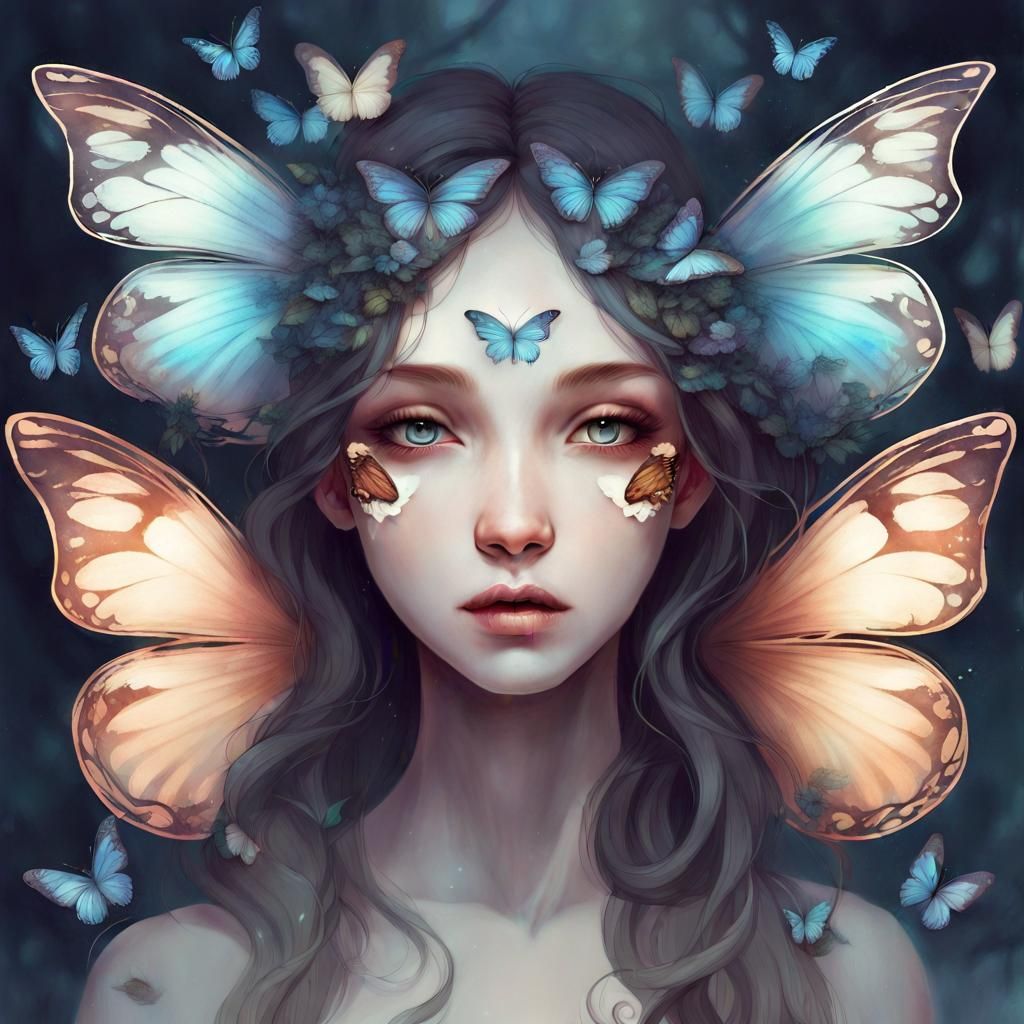 Art Style: ((fantasy, illustration, mythological, detailed, ethereal))
Prompt: butterfly face; ((fantasy, illustration, ...