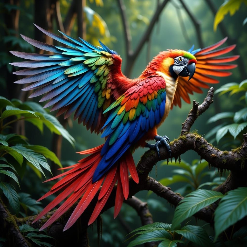 Vibrant Macaw in Lush Fantasy Landscape with Iridescent Feat...