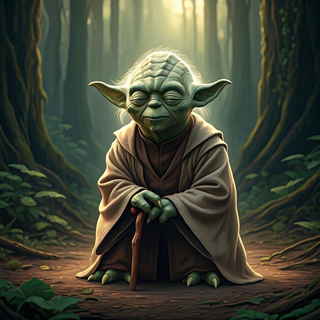 Yoda Does Yoga in Forest at Sunset
