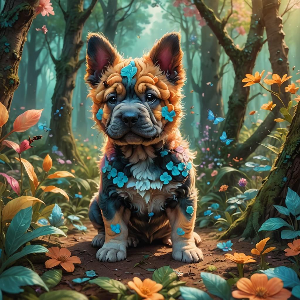 Whimsical Shar-Pei Puppy in a Fantasy Forest