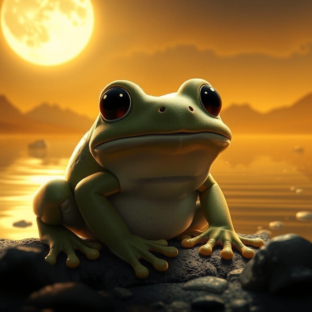 Playful Fluffy Frog in Retrofuturistic Setting