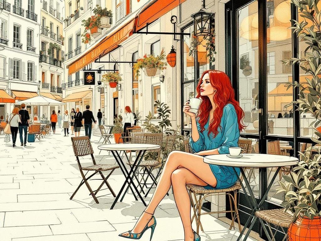 Fashionable Woman at Cafe in Decorative Storybook Style
