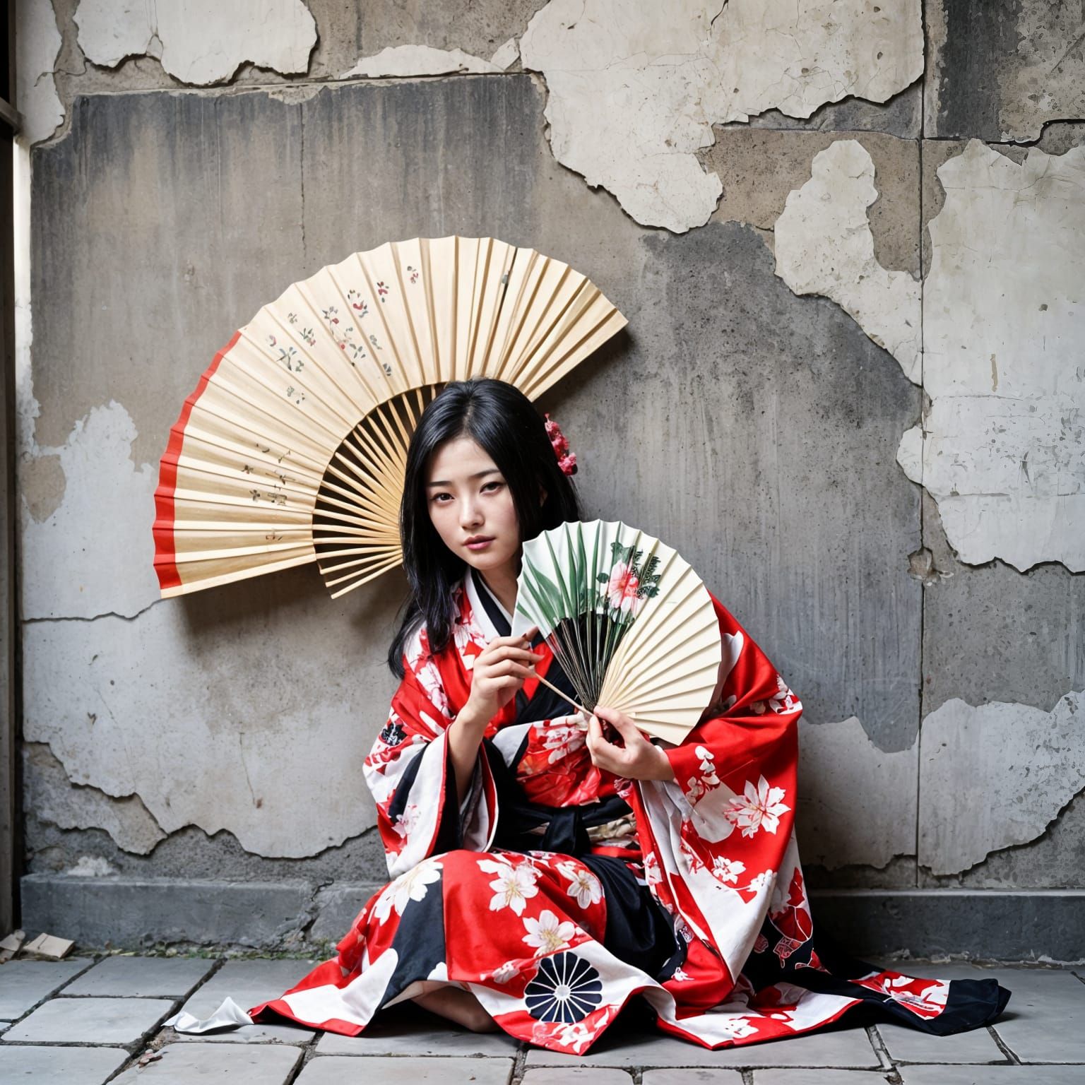 Japanese Woman in Kimono with Fan and Flowers