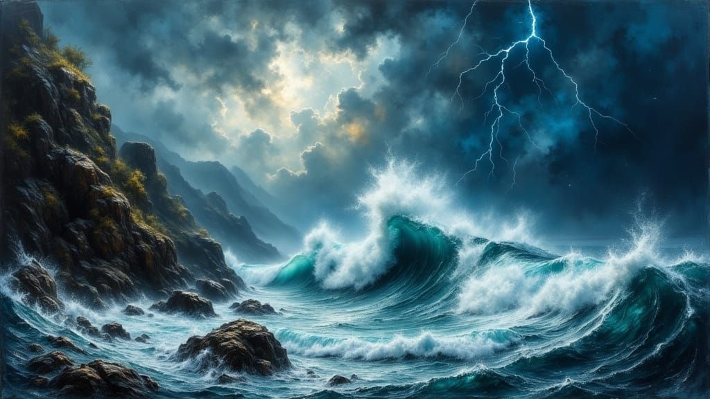 Towering Wave Crashing on Rocky Coast in Oil Paint Style