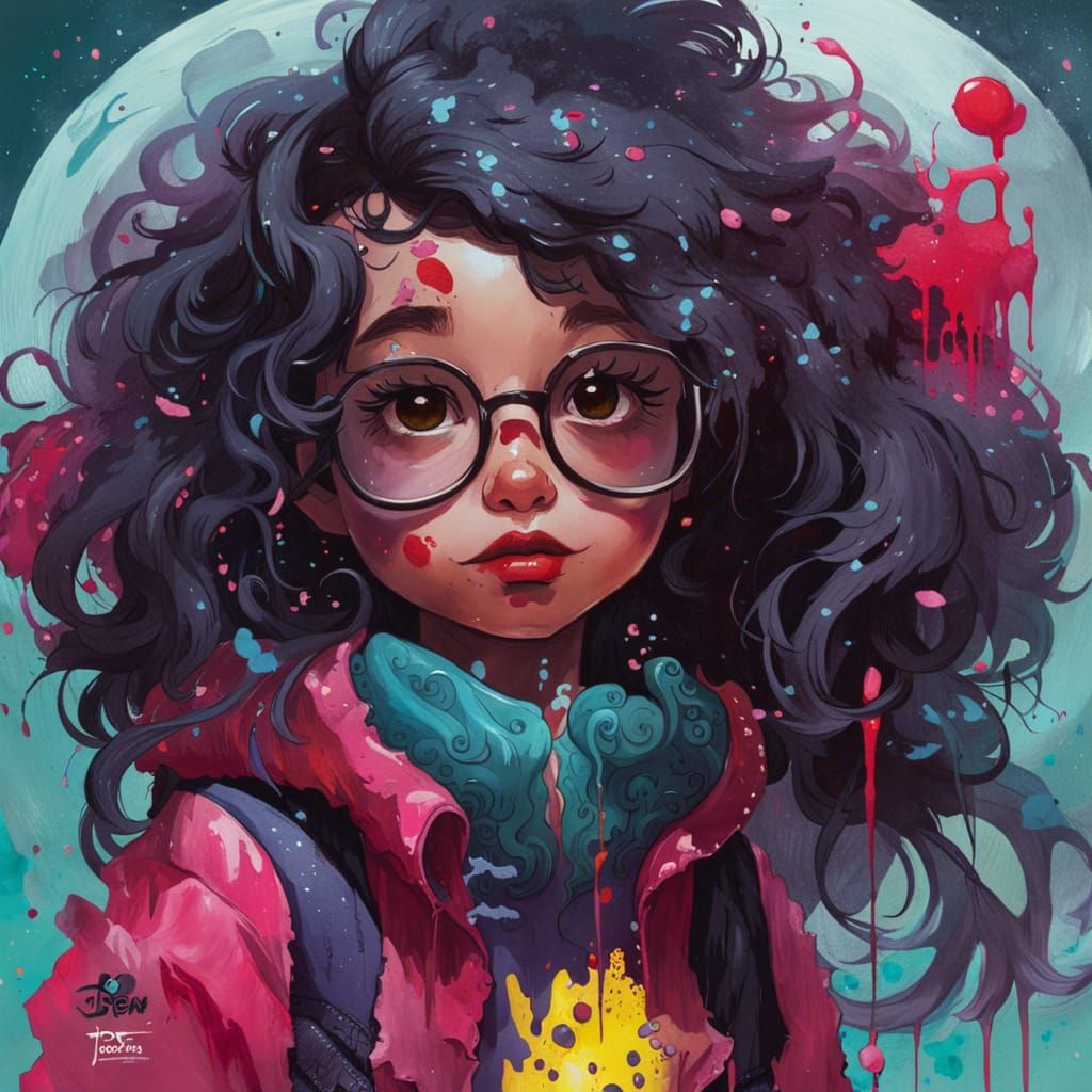 Cute Zombie Girl with Flowing Hair in Gouache Style