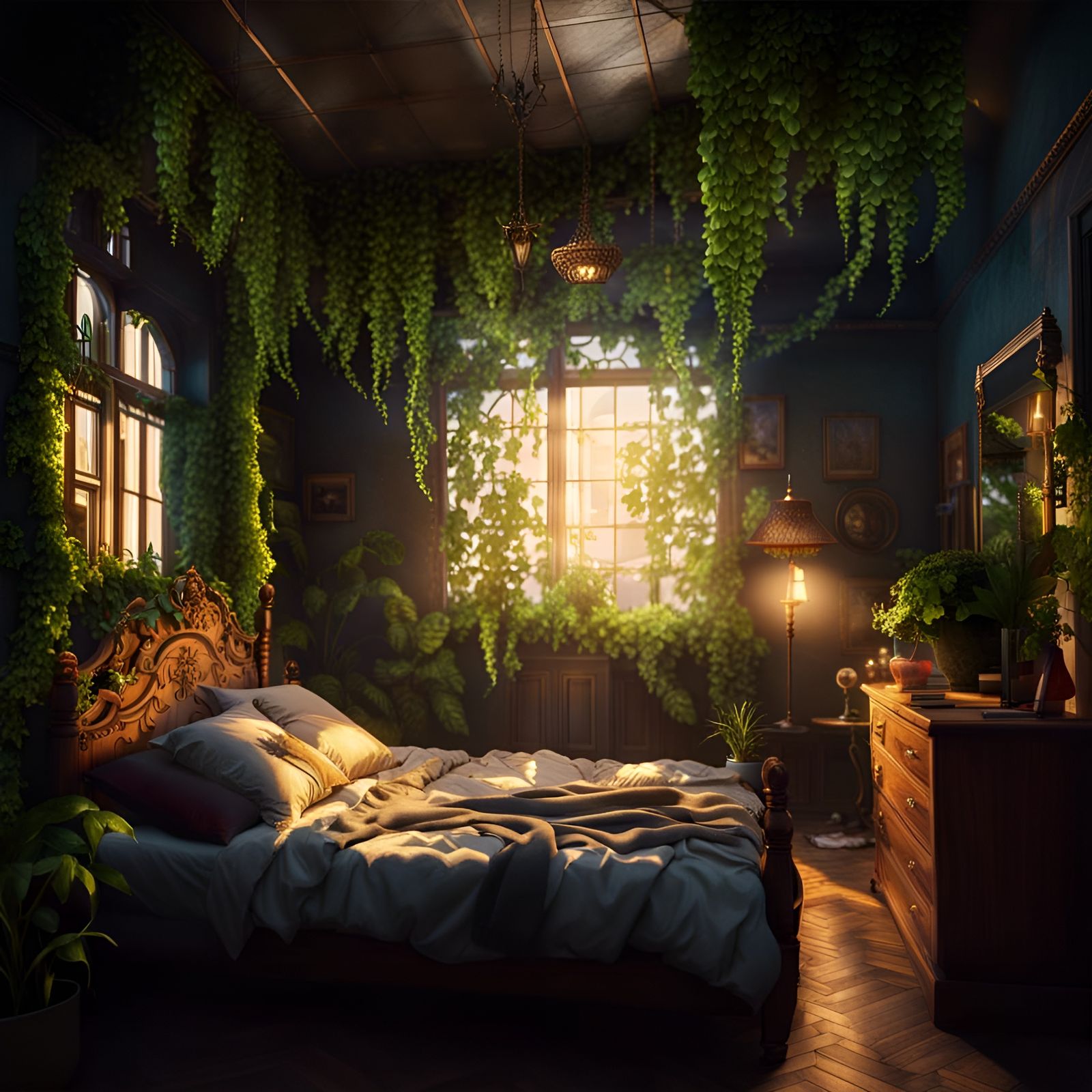 Plant-Filled Bedroom with Wooden Bed in Afternoon Light