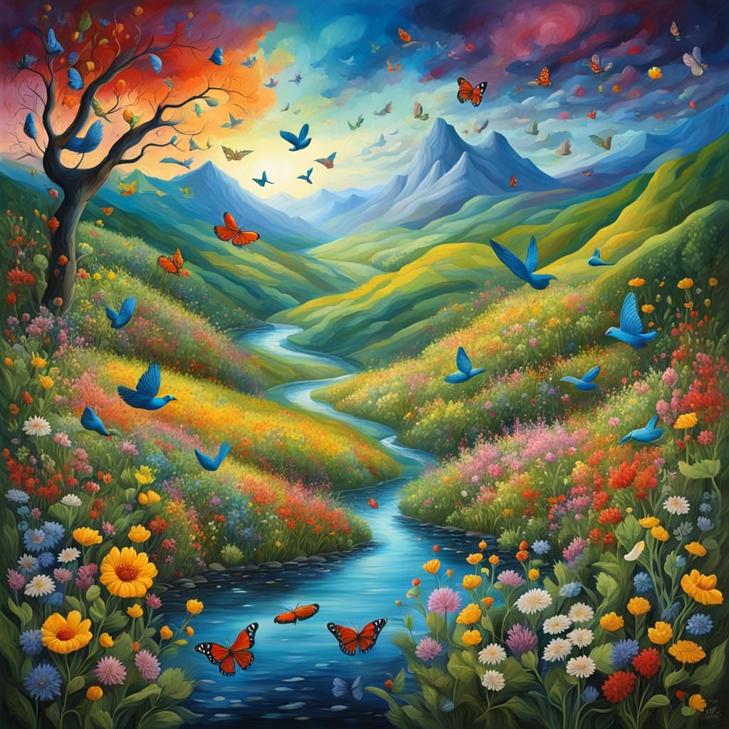 Lush Mountain River Landscape in Expressionist Style