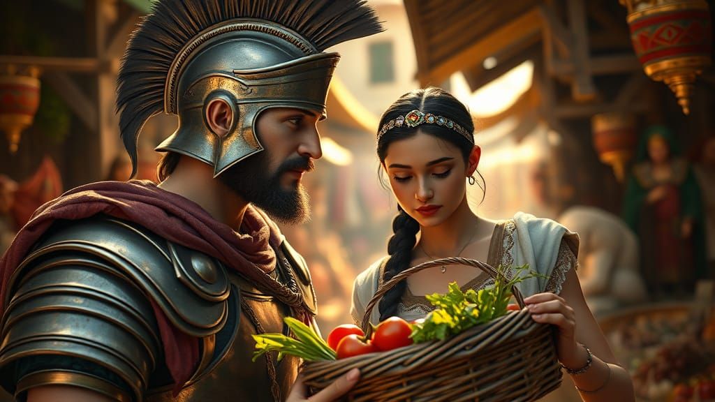 Roman Soldier Engages with a Young Maid in a Bustling Market