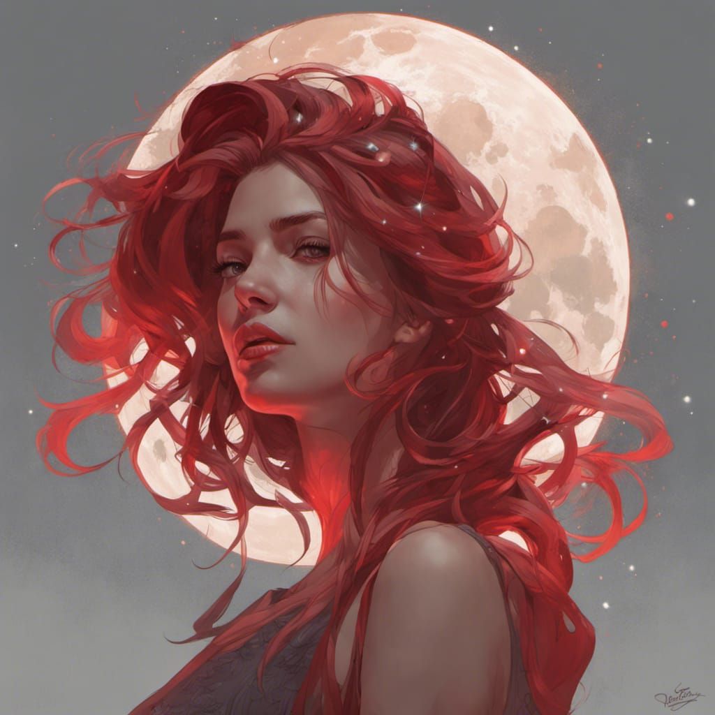 Woman with Red Hair Gazing at Moon, Digital Art