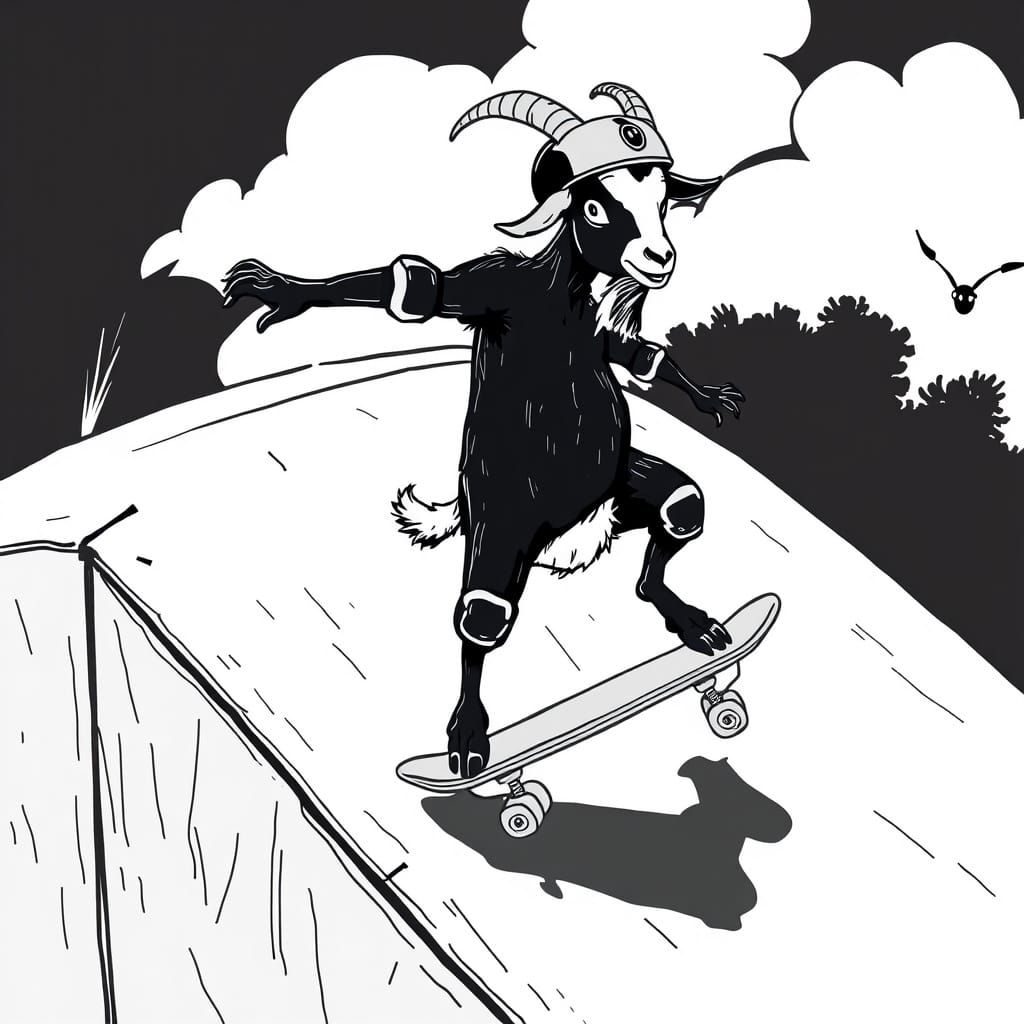 Goat Skateboarder in Black and White Illustration