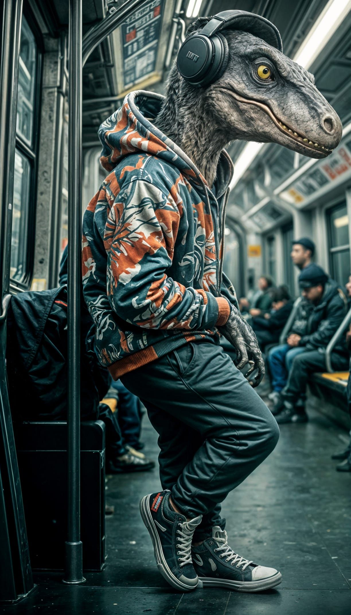 Surreal Velociraptor Commutes in Urban Subway Style