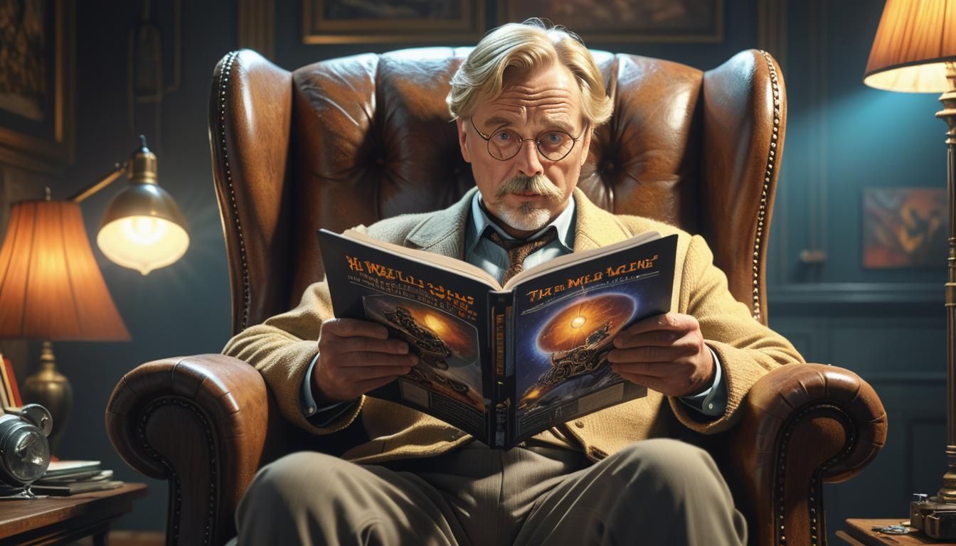 Man Reading Time Machine: Cozy Hyperrealistic Art