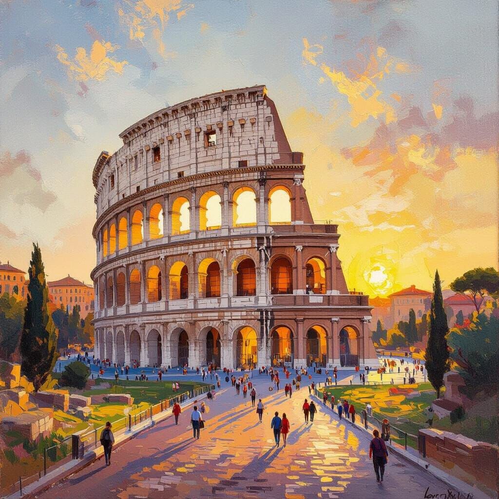 Vibrant Oil Painting of Rome's Colosseum at Golden Hour