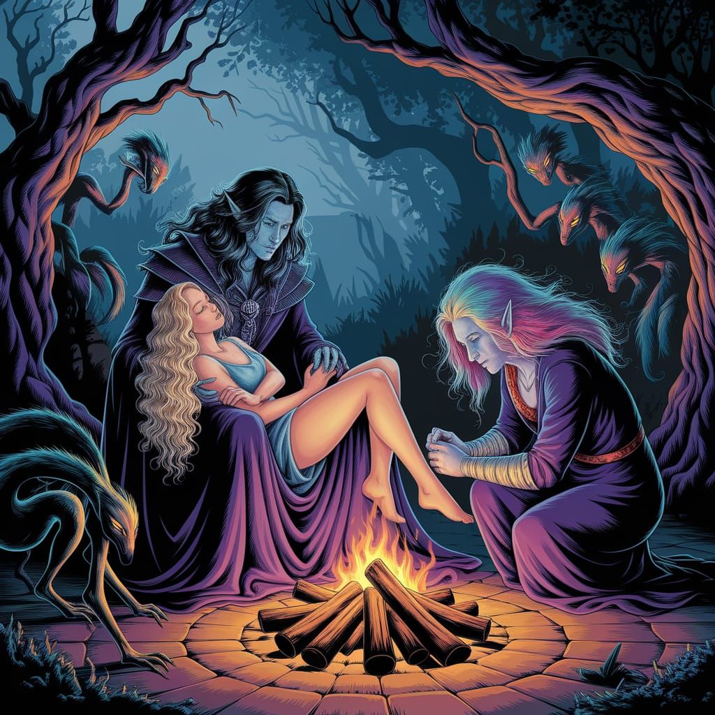 Dark Wizard Amidst Ethereal Beauty in Gothic Fantasy Scene