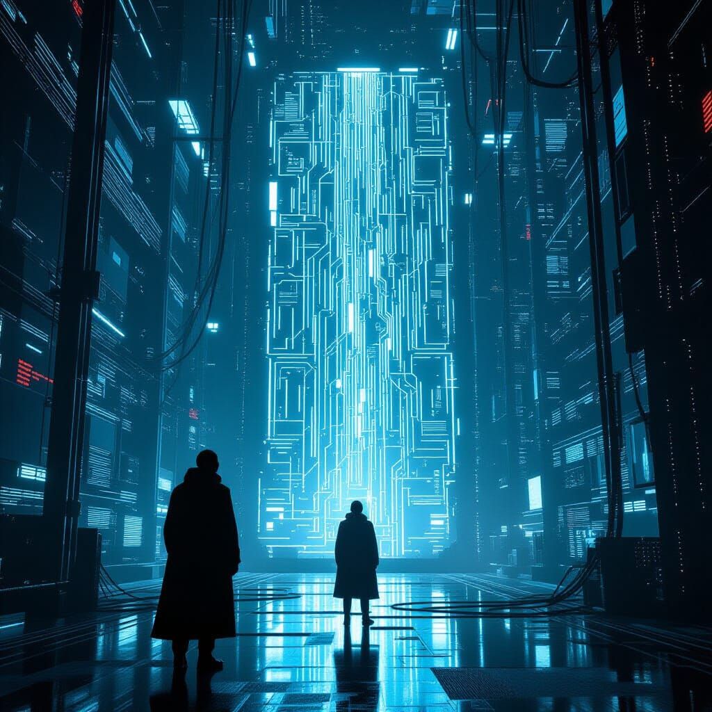 AI Consciousness Explored in Futuristic Server Farm