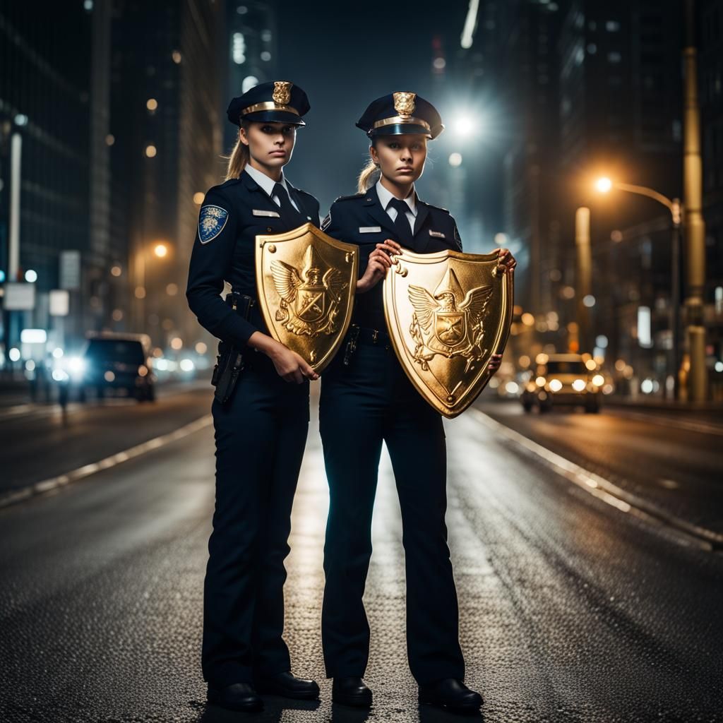 Policewomen with Golden Shield at Night