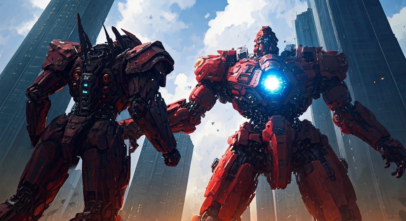 Futuristic Mecha Robots Battle in Cyberpunk City