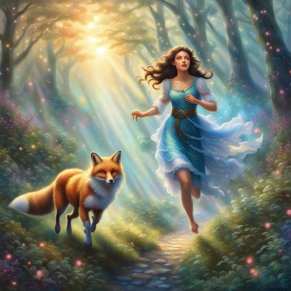 Fairy and Fox Run in Misty Forest
