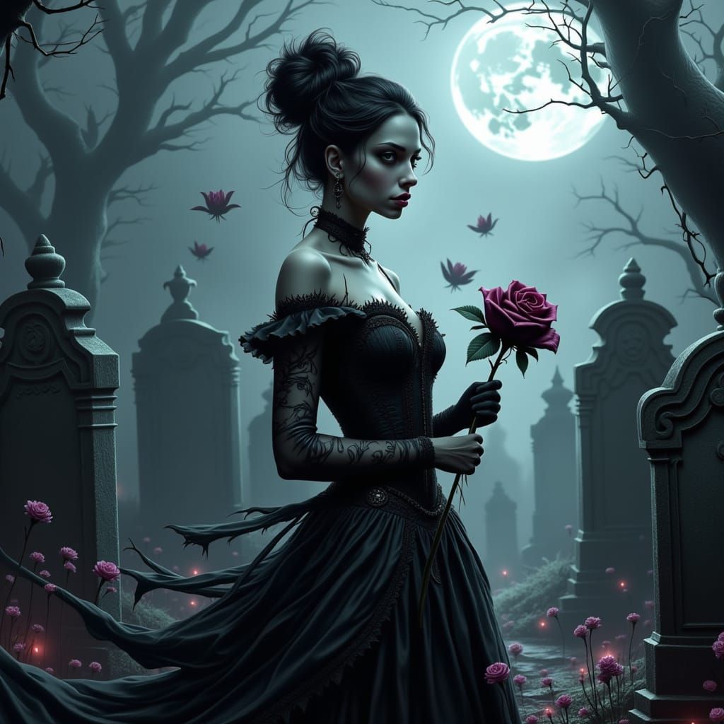 Gothic Victorian Mourning Woman with Black Rose in Moonlit G...