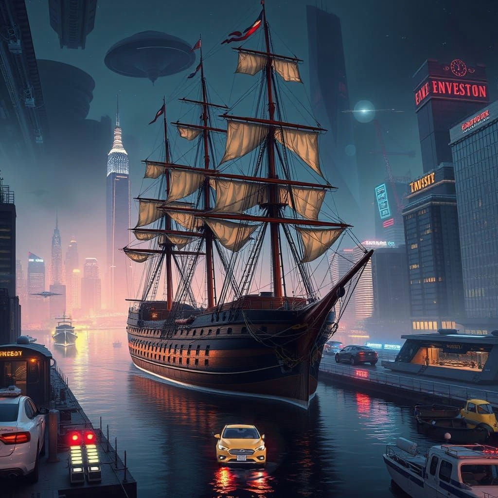 Majestic U.S.S. Constitution in Futuristic Boston Harbor