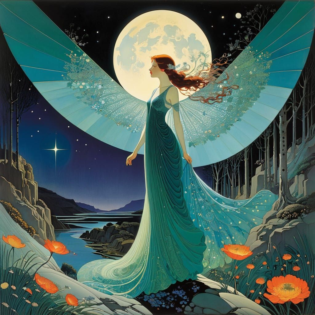 Moonlit Nature Scene with Iridescent Hues and Delicate Filig...