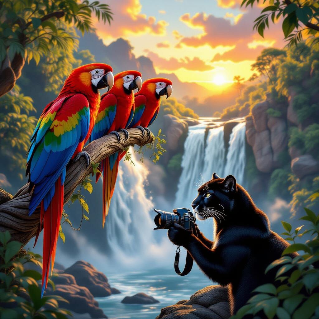 Red Macaws and Puma Photographer by Waterfall