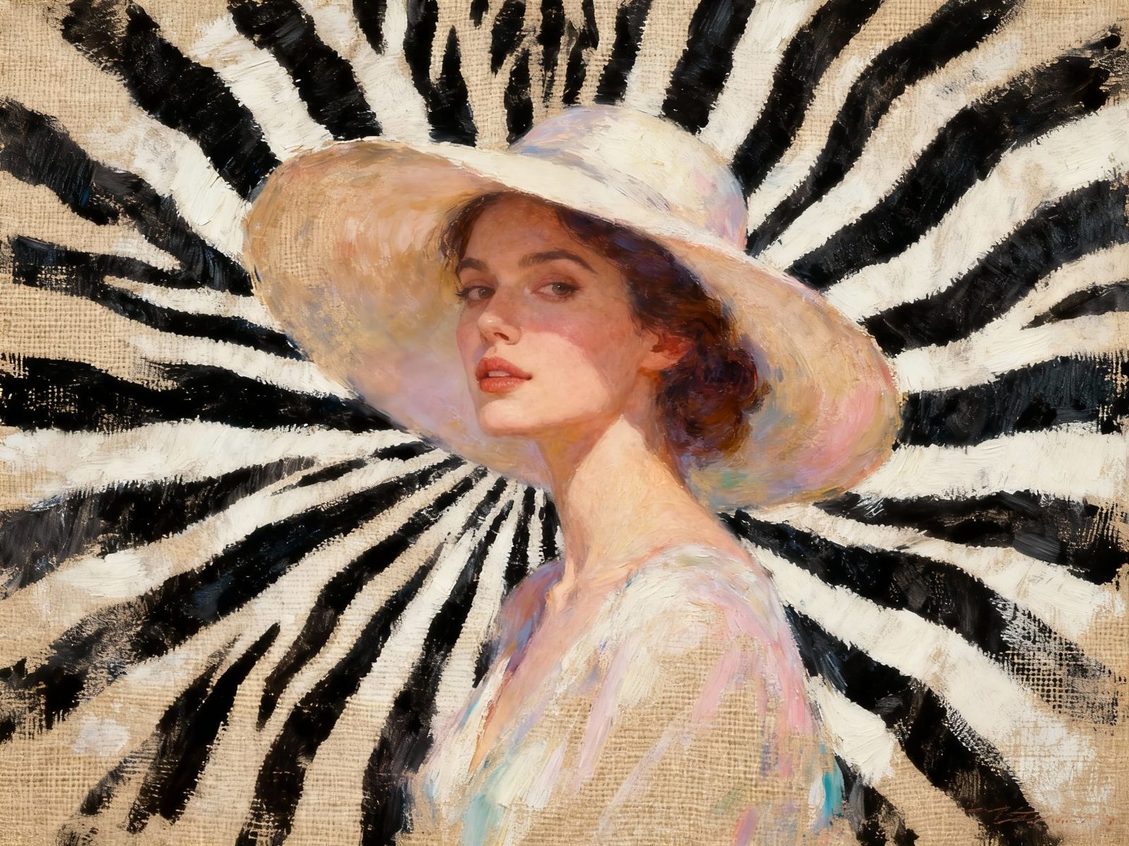 Impressionist Portrait of Woman in Striped Hat