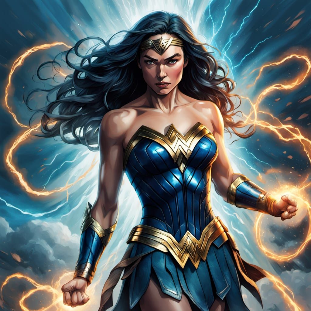 Wonder Woman Levitation of Colossal Beast in Stormy Sky