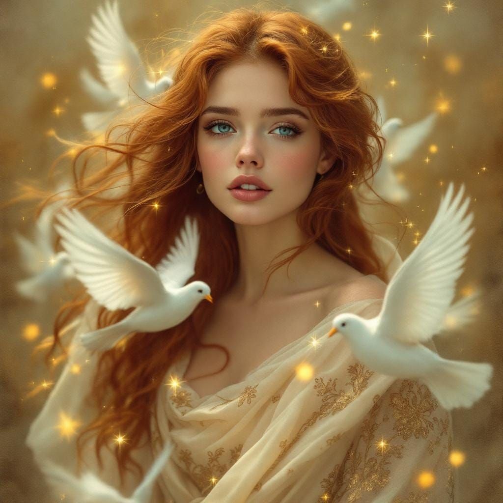 Ethereal Woman with Doves: Renaissance-Inspired Digital Art