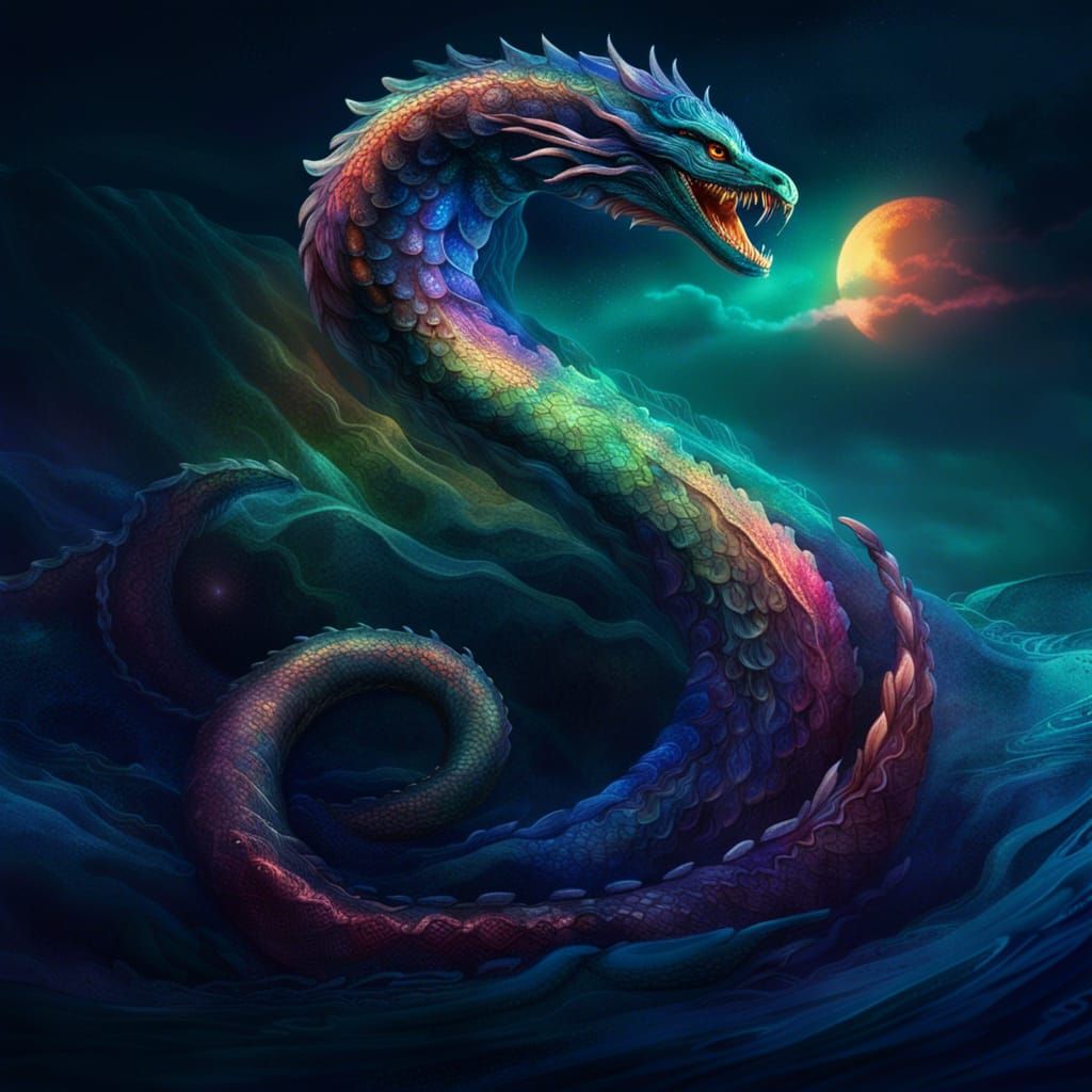 Mythical Sea Serpent Holding Moon: Fantasy Concept Art