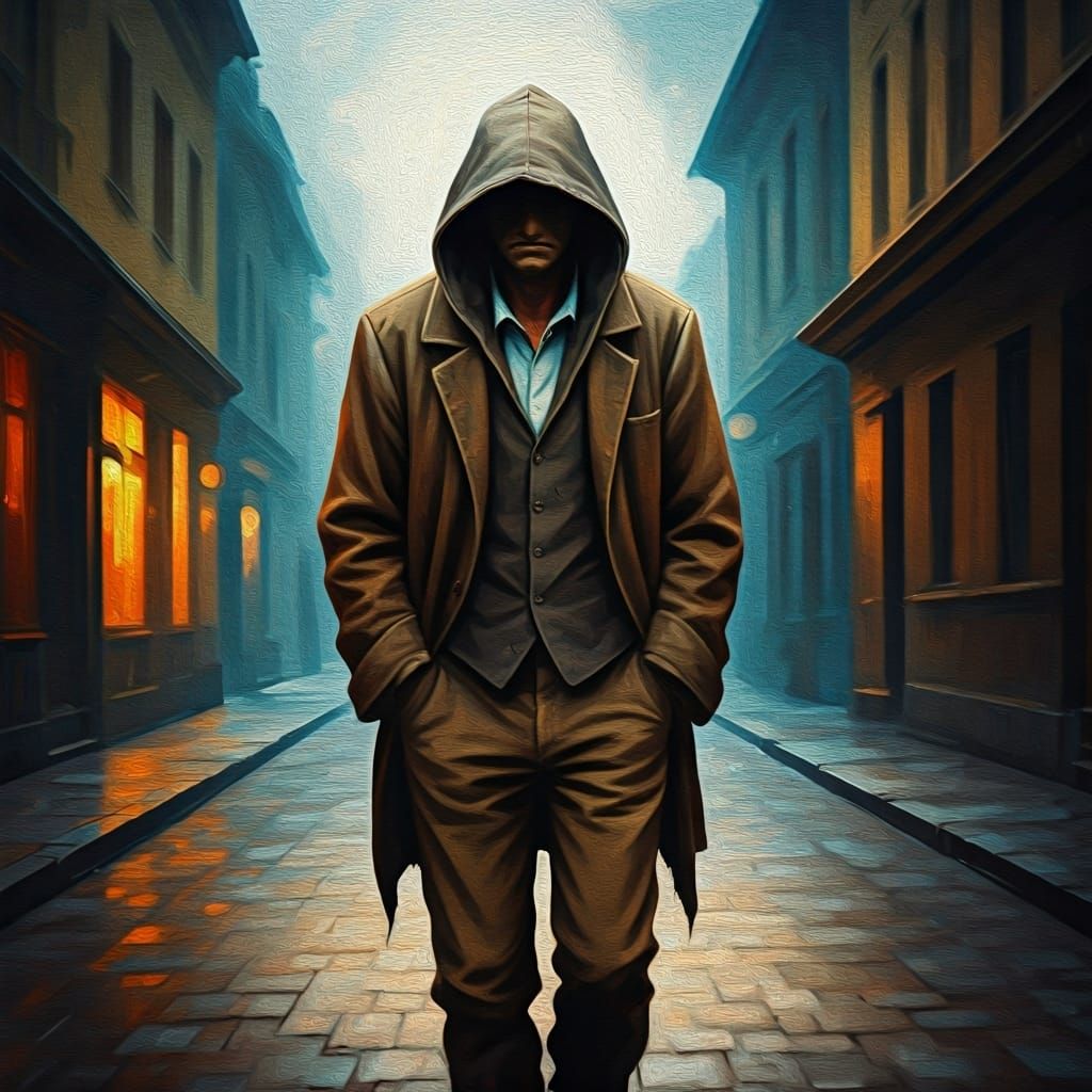 Enigmatic Figure Walking in Dimly Lit Street