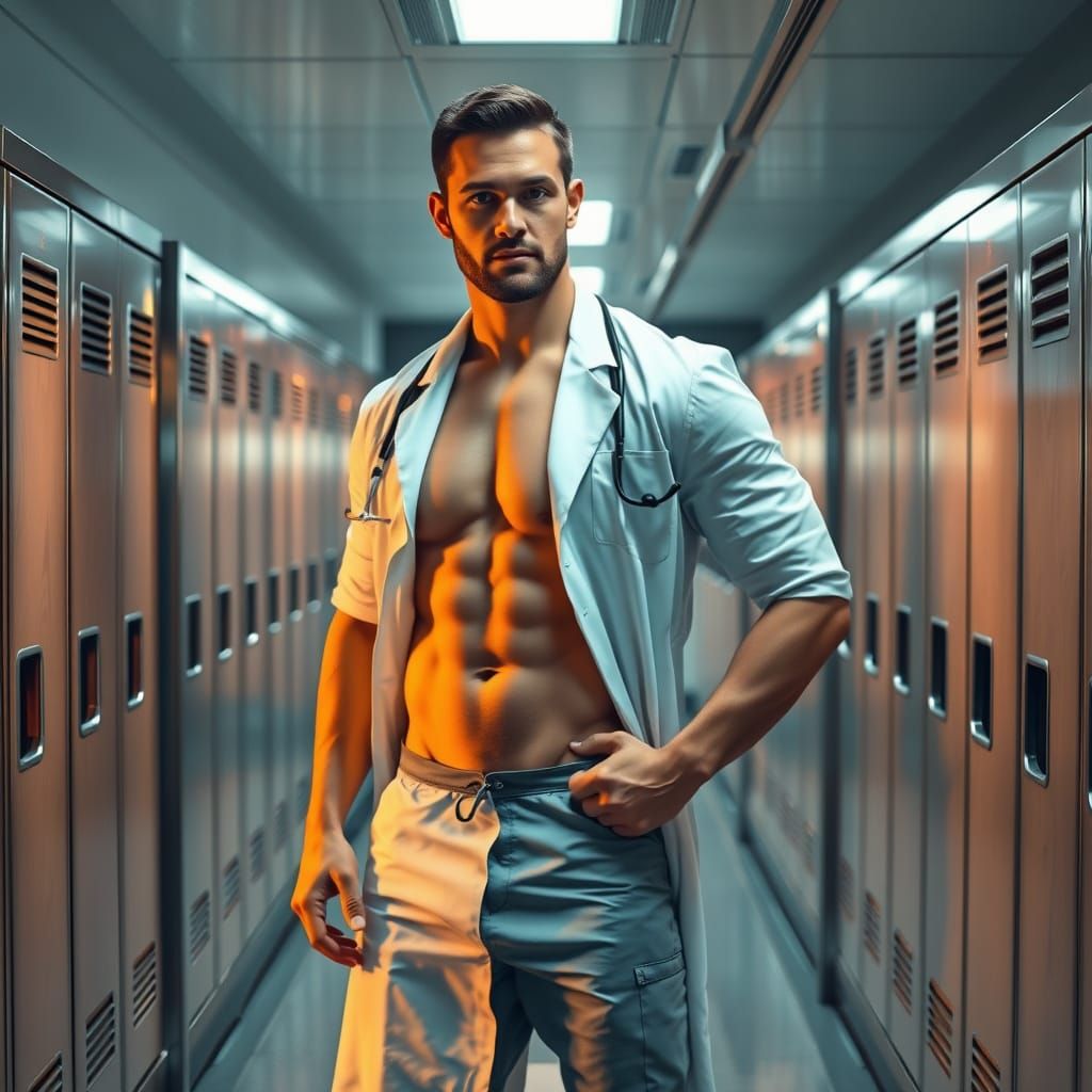 Muscular Doctor in Modern Locker Room
