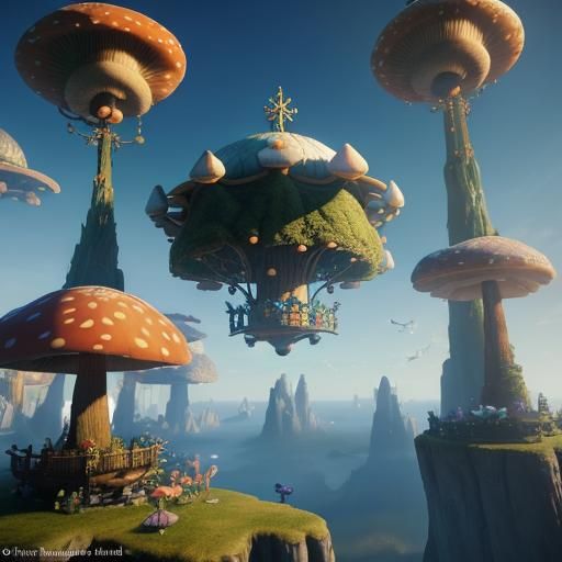 🧚flying mushroom ships fairy 
wonderland  hippy dreaming 🧚
🧜hallucinations 🧛 trending on Artstation Unreal Engine 3D...