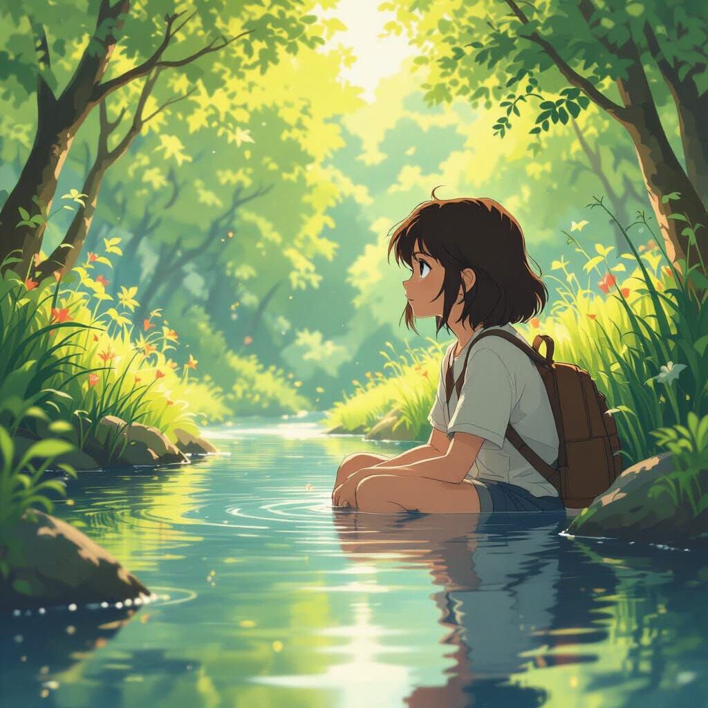 Ghibli Teenager Reflecting in Water, Anime Key Visual