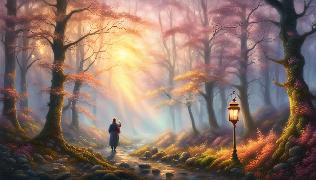 Ethereal Fantasy Figure with Lantern in Misty Forest