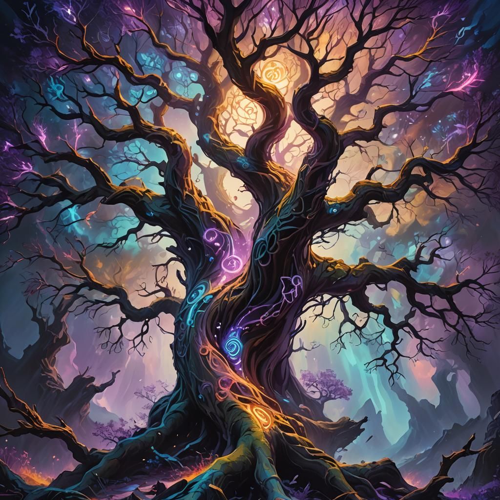 Mystical Tree with Glowing Runes in Oil Painting Style