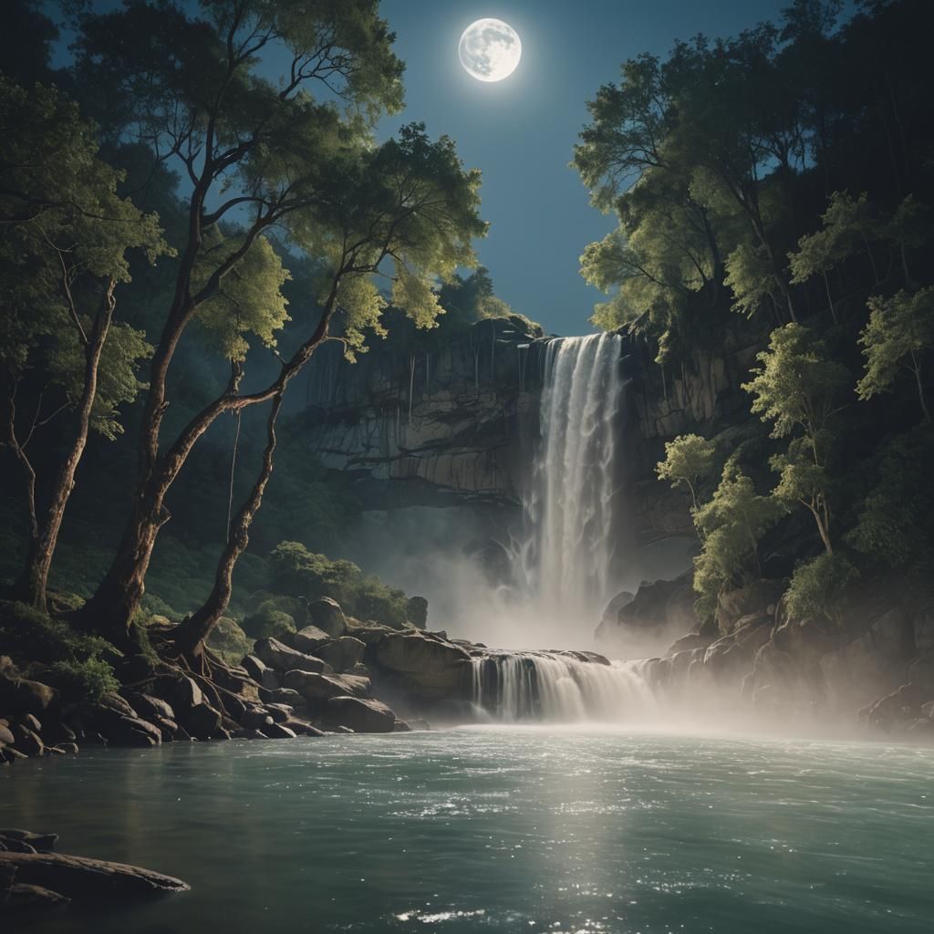 Moonlit Waterfall Swing in Dreamy Ethereal Style
