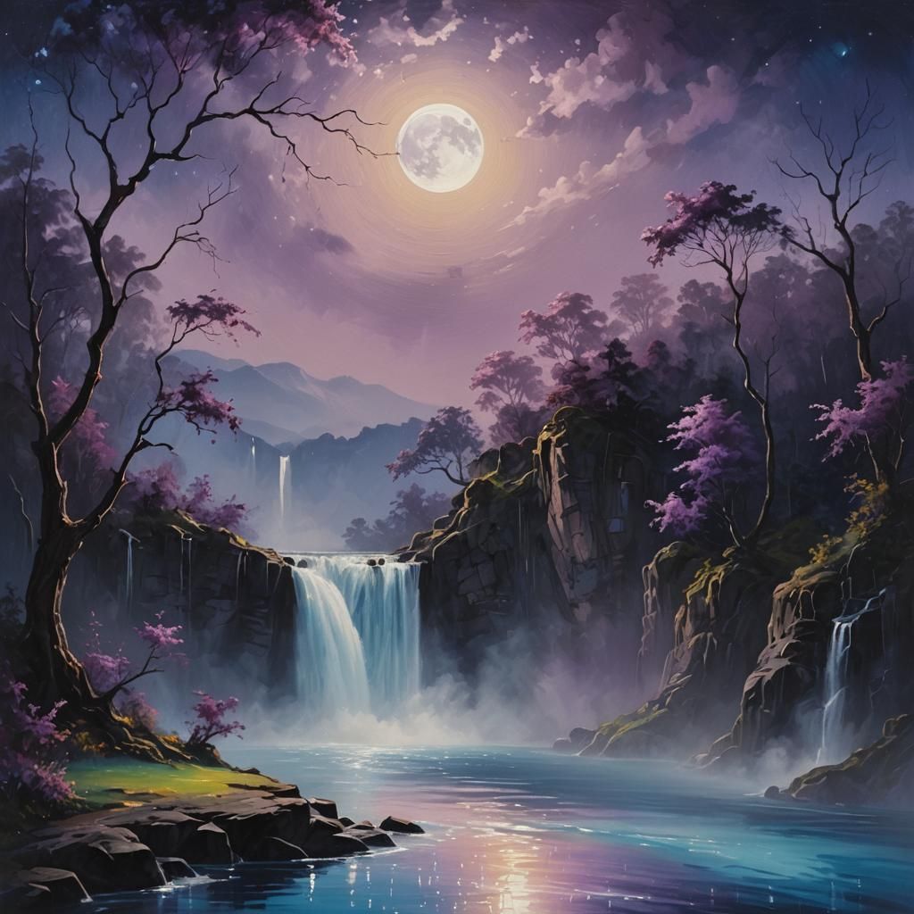 Swing Over Moonlit Waterfall in Oil Painting Style