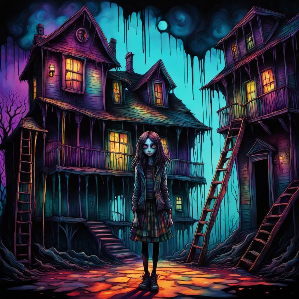 Emo Girl Under Ladder in Tim Burton Style
