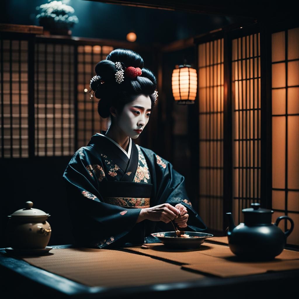 Moody Black Geisha in Tea House Film Still