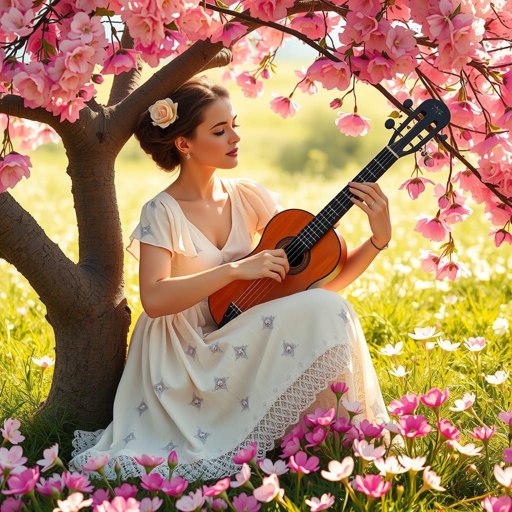 Woman Plays Violin in Blossoming Meadow, Impressionistic Sty...