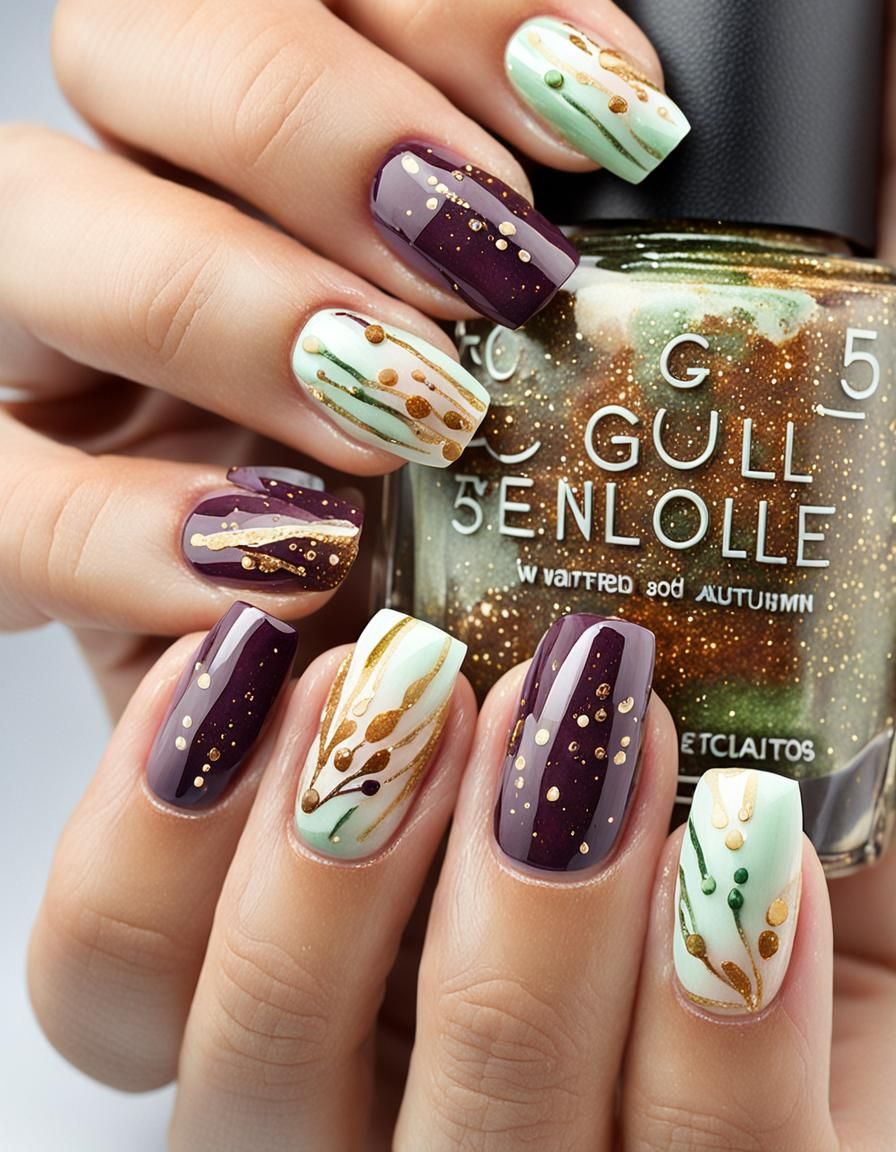 Autumn Watercolor Nail Art with Golden Accents