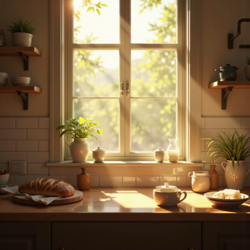 Sunlit Kitchen Morning Still Life in Photorealistic Style