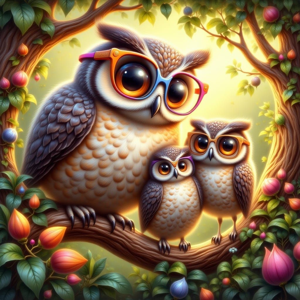 Close-up of an owl mother, wearing trendy, oversized glasses...