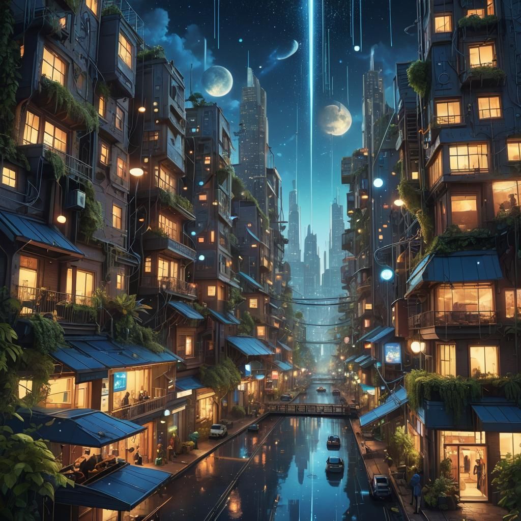 Fantastical Cityscape with Musical Cascade