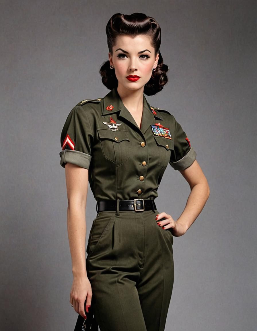 **"A 1940s wartime rockabilly heroine, in a military-inspire...