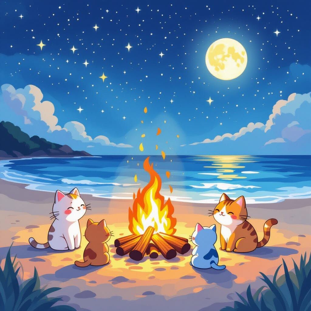 Cats Gather 'Round Bonfire Under Starry Sky