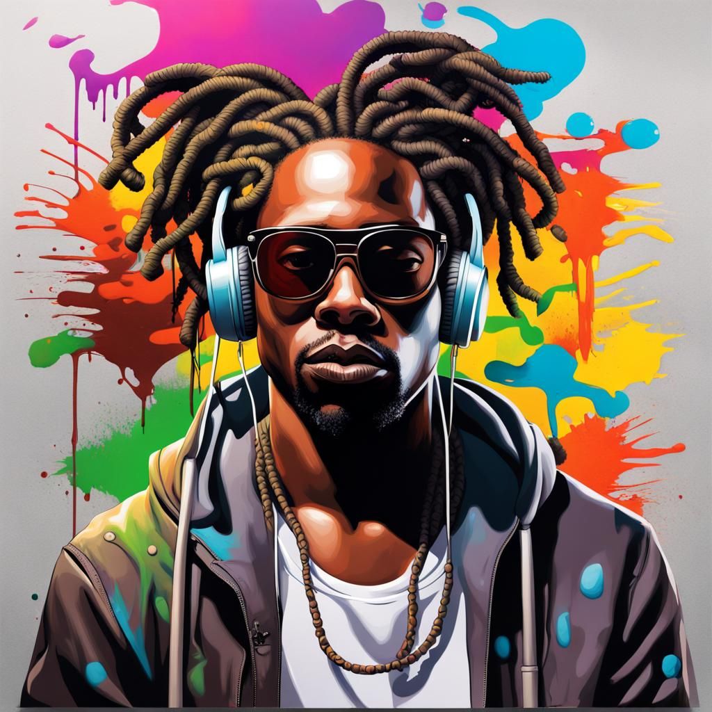 Black Man with Laptop in Graffiti Art Style