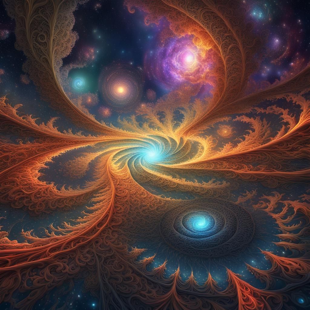 Celestial fractal: The sky transforms into a mesmerizing blend of vibrant hues and patterns. 4k resolution, woodcut, ult...
